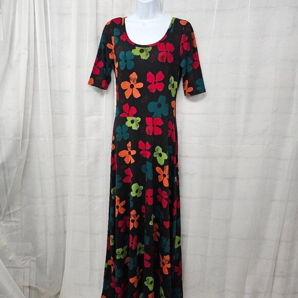 LuLaRoe Black Multi-Color Floral Maxi Dress Tee Boho Retro Grunge M - Picture 2 of 11